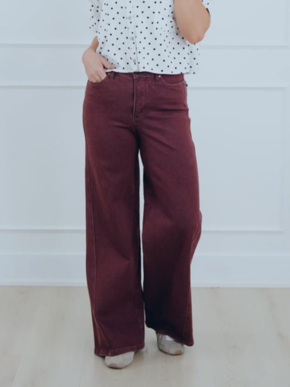 106 Judy Blue High Rise Burgundy Retro Wide Leg Jeans with Twisted Seams - Picture 8 of 8
